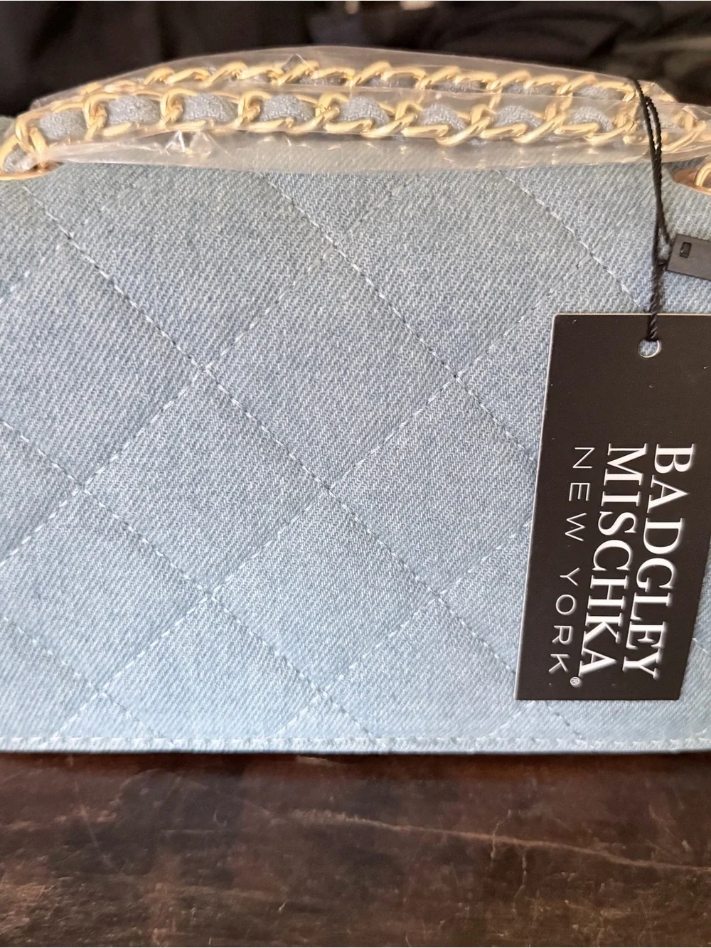 Badgley Mischka Quilted Light Blue Denim Cosmetic Case